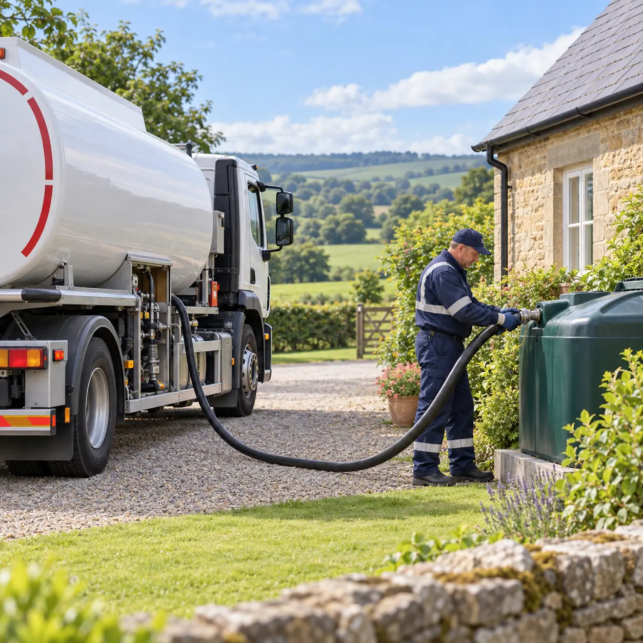 Heating oil being delivered to a domestic storage tank